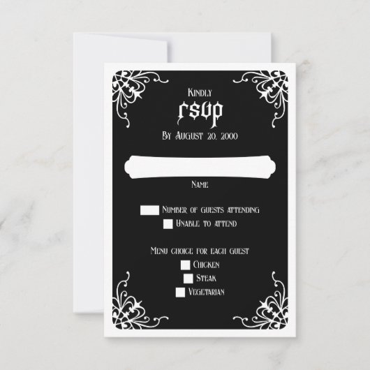 Schwarz-weiße gotische Hochzeit RSVP Karte (Vorderseite)