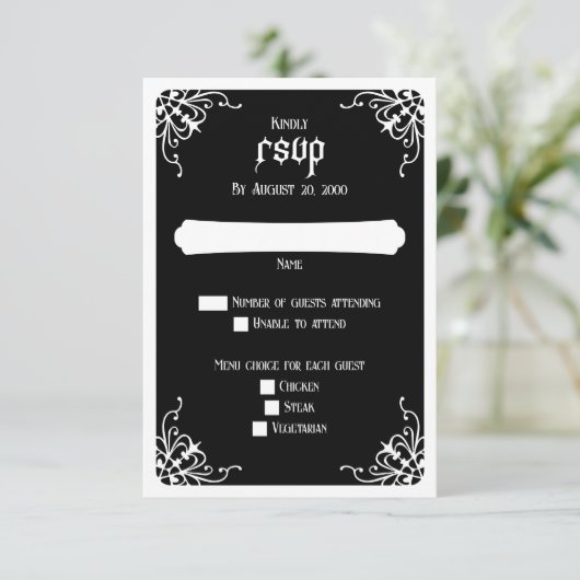 Schwarz-weiße gotische Hochzeit RSVP Karte (Stehend Vorderseite)