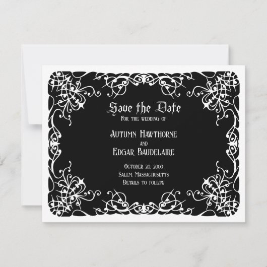 Schwarz-weiße gotische Hochzeit Save The Date (Vorderseite)