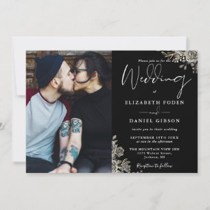 Schwarz-Weiße gotische Rosen Blumen Foto-Hochzeit Einladung