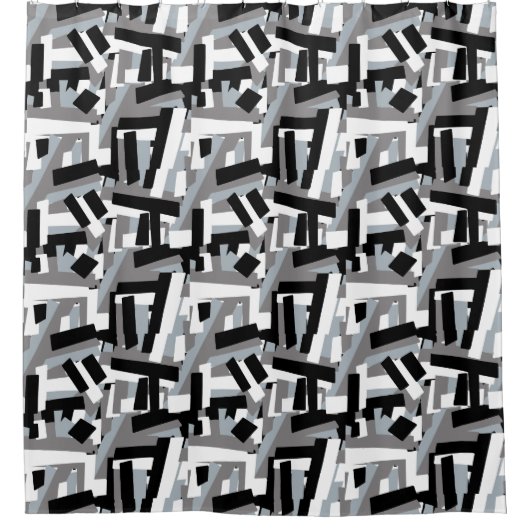 Schwarz-weiße graue Abstrakte geometrische Patches Duschvorhang (Vorderseite)