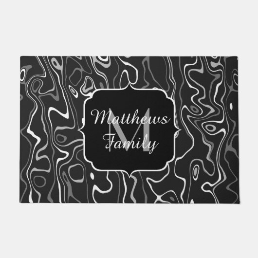 Schwarz-weiße graue Damaskus-abstrakte Monogramm Fußmatte (Vorderseite)