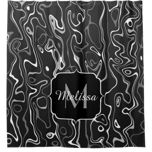 Schwarz-weiße graue Damaskus abstrakte Wirbel Mono Duschvorhang (Vorderseite)