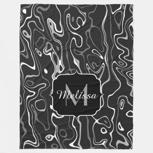 Schwarz-weiße graue Damaskus abstrakte Wirbel Mono Fleecedecke (Vorderseite)