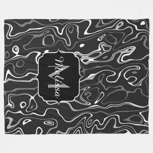 Schwarz-weiße graue Damaskus abstrakte Wirbel Mono Fleecedecke (Vorderseite (Horizontal))