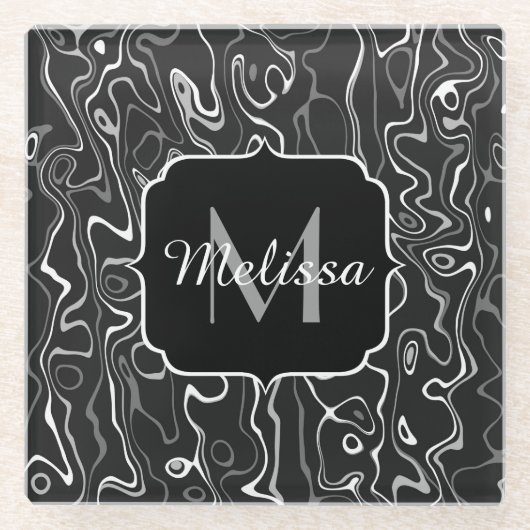 Schwarz-weiße graue Damaskus abstrakte Wirbel Mono Glasuntersetzer (Vorderseite)