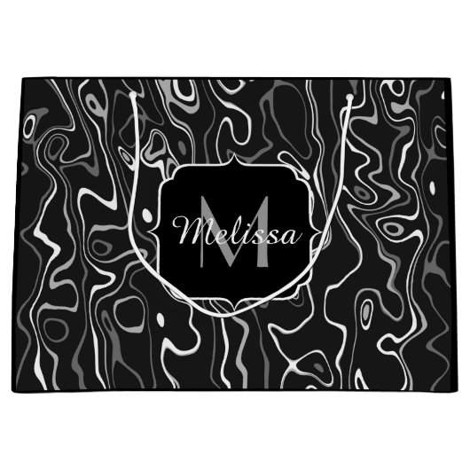 Schwarz-weiße graue Damaskus abstrakte Wirbel Mono Große Geschenktüte (Vorderseite)