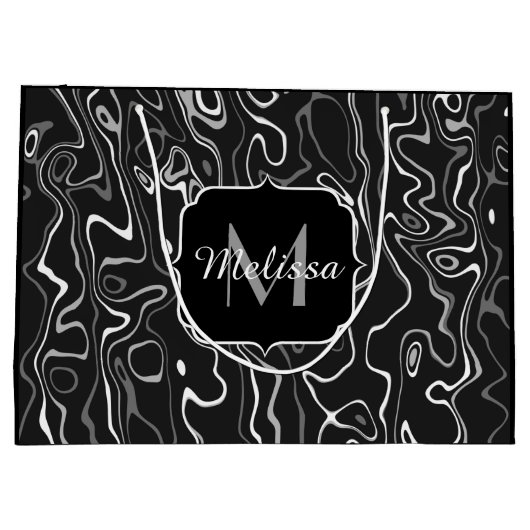 Schwarz-weiße graue Damaskus abstrakte Wirbel Mono Große Geschenktüte (Rückseite)