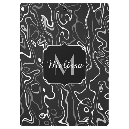 Schwarz-weiße graue Damaskus abstrakte Wirbel Mono Klemmbrett (Rückseite)