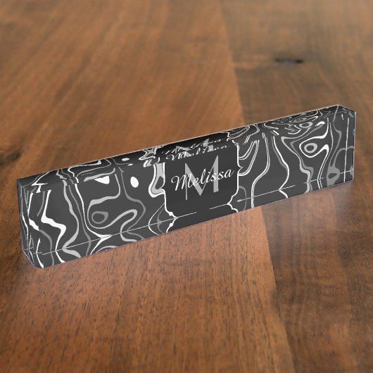 Schwarz-weiße graue Damaskus abstrakte Wirbel Mono Namensplakette (Seite)