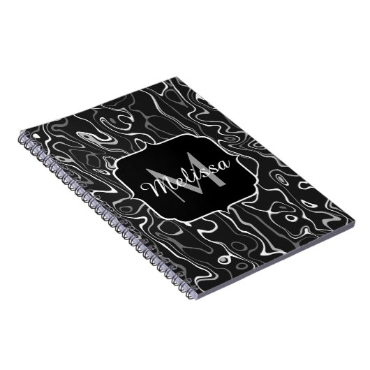 Schwarz-weiße graue Damaskus abstrakte Wirbel Mono Notizblock (Rechte Seite)