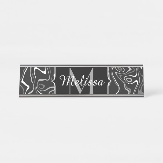 Schwarz-weiße graue Damaskus abstrakte Wirbel Mono Schreibtischnamensplakette (Vorderseite )