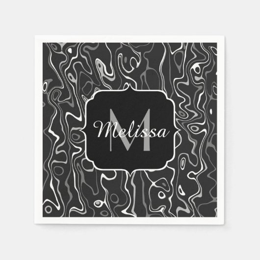 Schwarz-weiße graue Damaskus abstrakte Wirbel Mono Serviette (Vorderseite)
