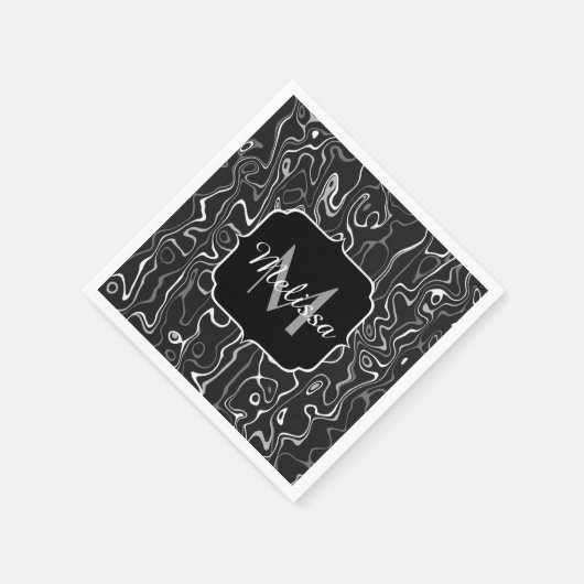 Schwarz-weiße graue Damaskus abstrakte Wirbel Mono Serviette (Ecke)