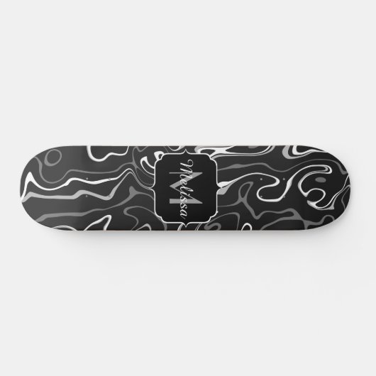 Schwarz-weiße graue Damaskus abstrakte Wirbel Mono Skateboard (Horizontal)