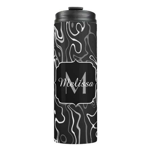 Schwarz-weiße graue Damaskus abstrakte Wirbel Mono Thermosbecher (Vorderseite)