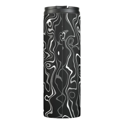 Schwarz-weiße graue Damaskus abstrakte Wirbel Mono Thermosbecher (Rückseite)