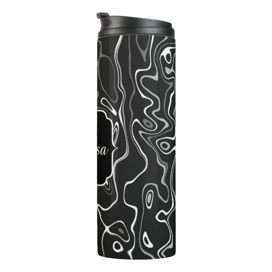 Schwarz-weiße graue Damaskus abstrakte Wirbel Mono Thermosbecher (Nach rechts gedreht)