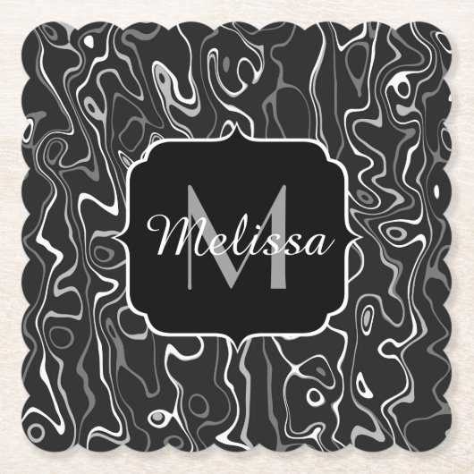 Schwarz-weiße graue Damaskus abstrakte Wirbel Mono Untersetzer (Vorderseite)