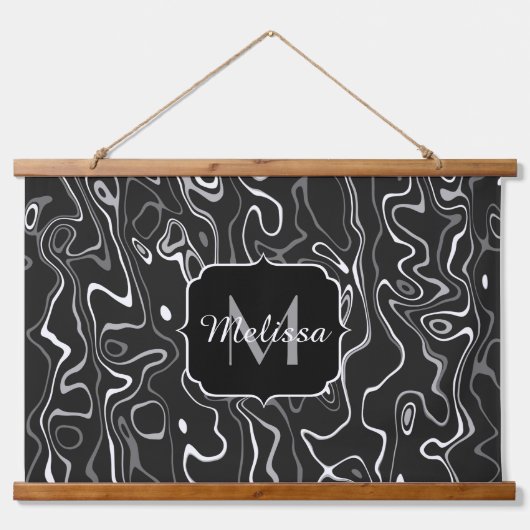 Schwarz-weiße graue Damaskus abstrakte Wirbel Mono Wandteppich Mit Holzrahmen (Vorne)