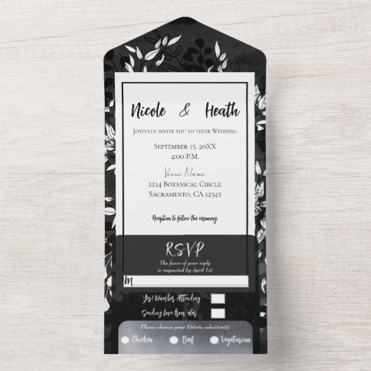 Schwarz-weiße graue, moderne Minimal-Blumenhochzei All In One Einladung (Innen Boden)