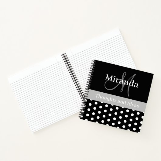 Schwarz-weiße graue Monogram Script Polka Dots Notizblock (Innenseite)
