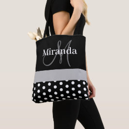 Schwarz-weiße graue Monogram Script Polka Dots Tasche