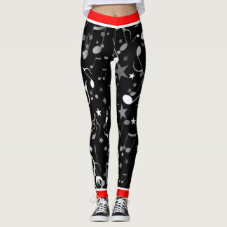 Schwarz-weiße graue Musiknoten und Rote Trimm auf Leggings