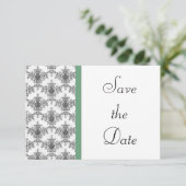 Schwarz-weiße Green Damask Hochzeit Save the Date (Stehend Vorderseite)