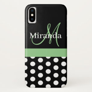 Schwarz-weiße Green Monogram Script Polka Dots Case-Mate iPhone Hülle