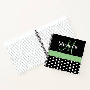 Schwarz-weiße Green Monogram Script Polka Dots Notizblock
