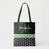 Schwarz-weiße Green Monogram Script Polka Dots Tasche (Vorderseite)