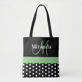 Schwarz-weiße Green Monogram Script Polka Dots Tasche
