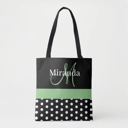 Schwarz-weiße Green Monogram Script Polka Dots Tasche (Vorderseite)