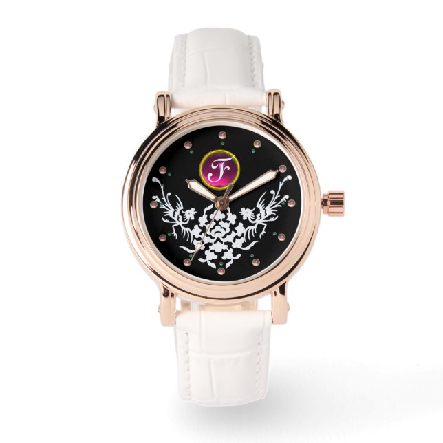 SCHWARZ-WEISSE GRIFFINEN UND BLUME GEM MONOGRAM ARMBANDUHR (Vorderseite)