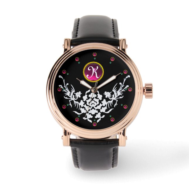 SCHWARZ-WEISSE GRIFFINEN UND BLUME GEM MONOGRAM ARMBANDUHR (Vorderseite)