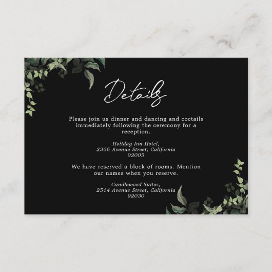 Schwarz-weiße Grüne Botanische Wasserfarbenhochzei Begleitkarte (Vorderseite)