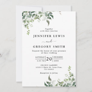 Schwarz-weiße Grüne Botanische Wasserfarbenhochzei Einladung