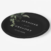 Schwarz-weiße Grüne Botanische Wasserfarbenhochzei Pappteller (Schrägansicht)