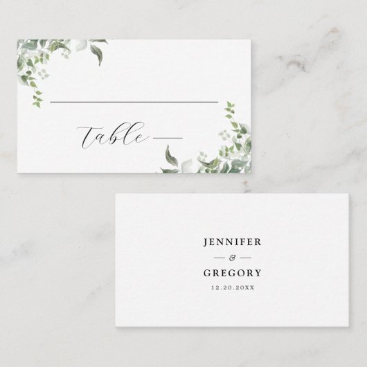 Schwarz-weiße Grüne Botanische Wasserfarbenhochzei Platzkarte (Vorne/Hinten)