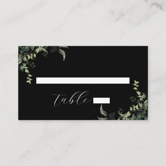 Schwarz-weiße Grüne Botanische Wasserfarbenhochzei Platzkarte (Vorderseite)
