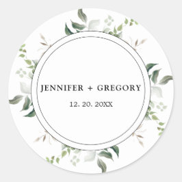 Schwarz-weiße Grüne Botanische Wasserfarbenhochzei Runder Aufkleber