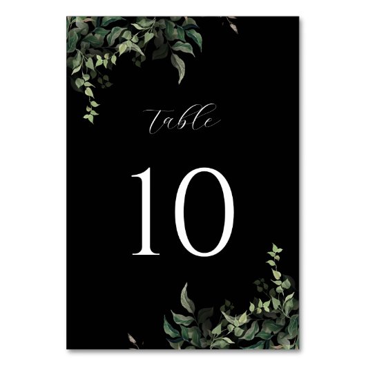 Schwarz-weiße Grüne Botanische Wasserfarbenhochzei Tischnummer (Vorderseite)