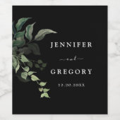 Schwarz-weiße Grüne Botanische Wasserfarbenhochzei Weinetikett (Einzelnes Label)