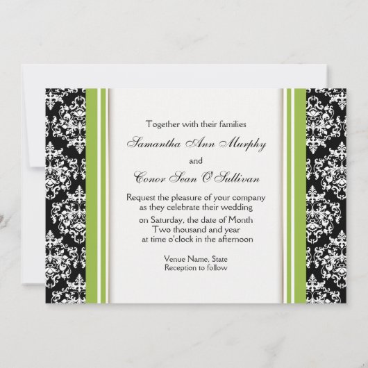 Schwarz-weiße grüne Damast Hochzeit Verlobung Einladung (Rückseite)