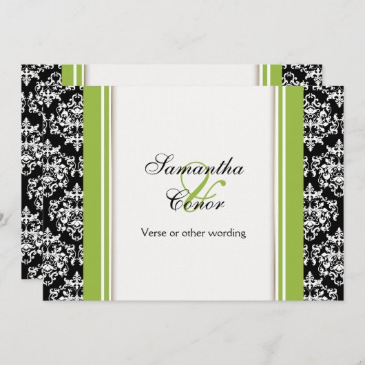 Schwarz-weiße grüne Damast Hochzeit Verlobung Einladung (Vorne/Hinten)