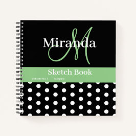 Schwarz-weiße grüne Monogram Polka Dots Sketch Notizblock