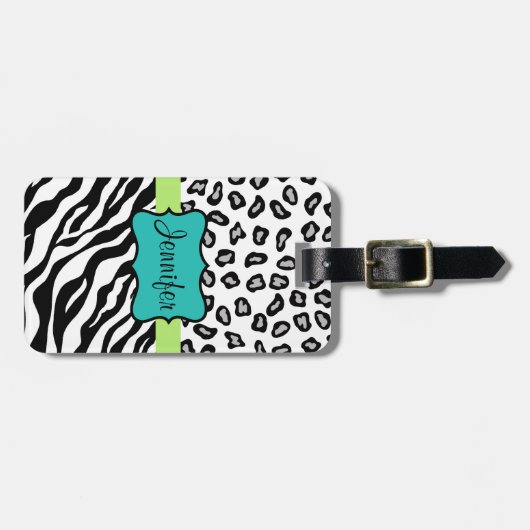 Schwarz-weiße grüne und türkisfarbene Zebra & Gepa Gepäckanhänger (Vorderseite horizontal)