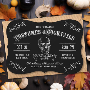 Schwarz-weiße Halloween-Cocktailparty mit Totenkop Einladung