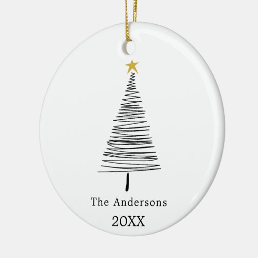 Schwarz-weiße handgezeichnet Weihnachtsbaumfamilie Keramik Ornament (Links)